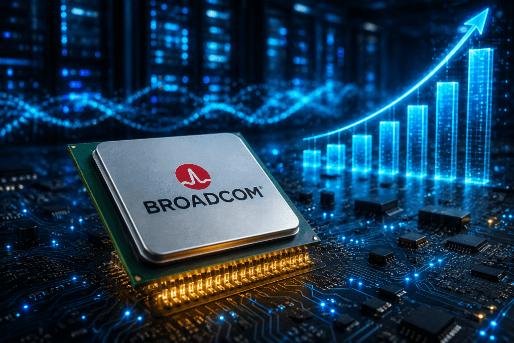 Broadcom semiconductor chip representing record AI chip revenue growth in 2026