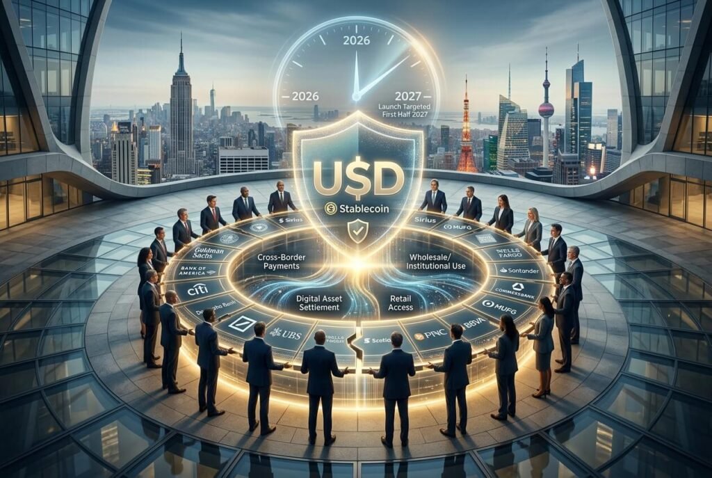 Global bank logos representing the 21-bank consortium launching a dollar stablecoin