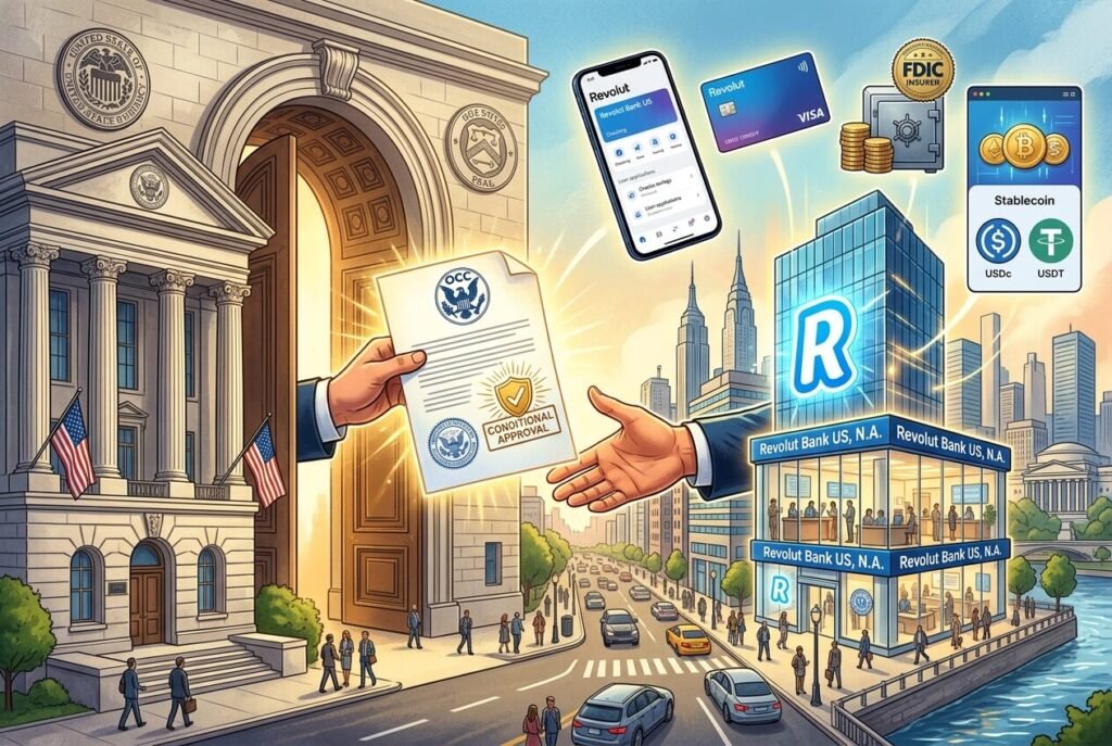 Revolut mobile banking app representing its US bank charter approval